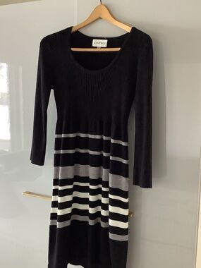 Studio Black Knit Scoop-Neck Long Sleeve Dress with Gray and White Stripes